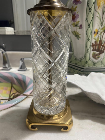 Lenox Crystal Table Lamp Lauren Plaid style Brass bass signed Lenox perfect condition