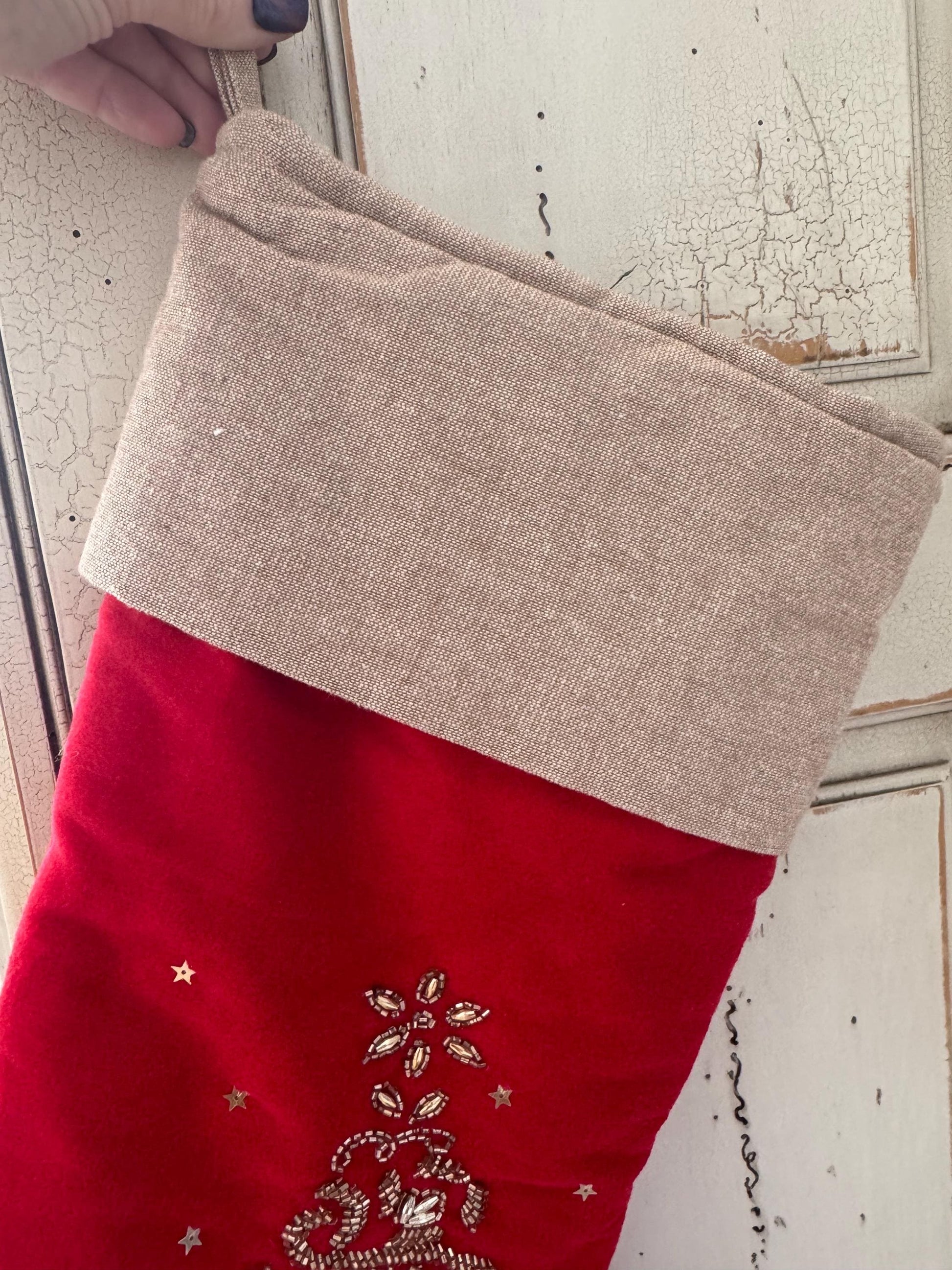 vintage red velvet beaded Christmas stockings set of 5 excellent condition gold trim