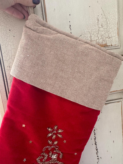 vintage red velvet beaded Christmas stockings set of 5 excellent condition gold trim