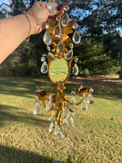 Gold Leaf Candle Sconces Crystal Italian antique set of 2 Gallery Wall Sconce