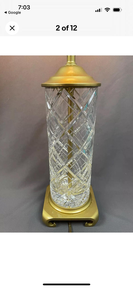 Lenox Crystal Table Lamp Lauren Plaid style Brass bass signed Lenox perfect condition