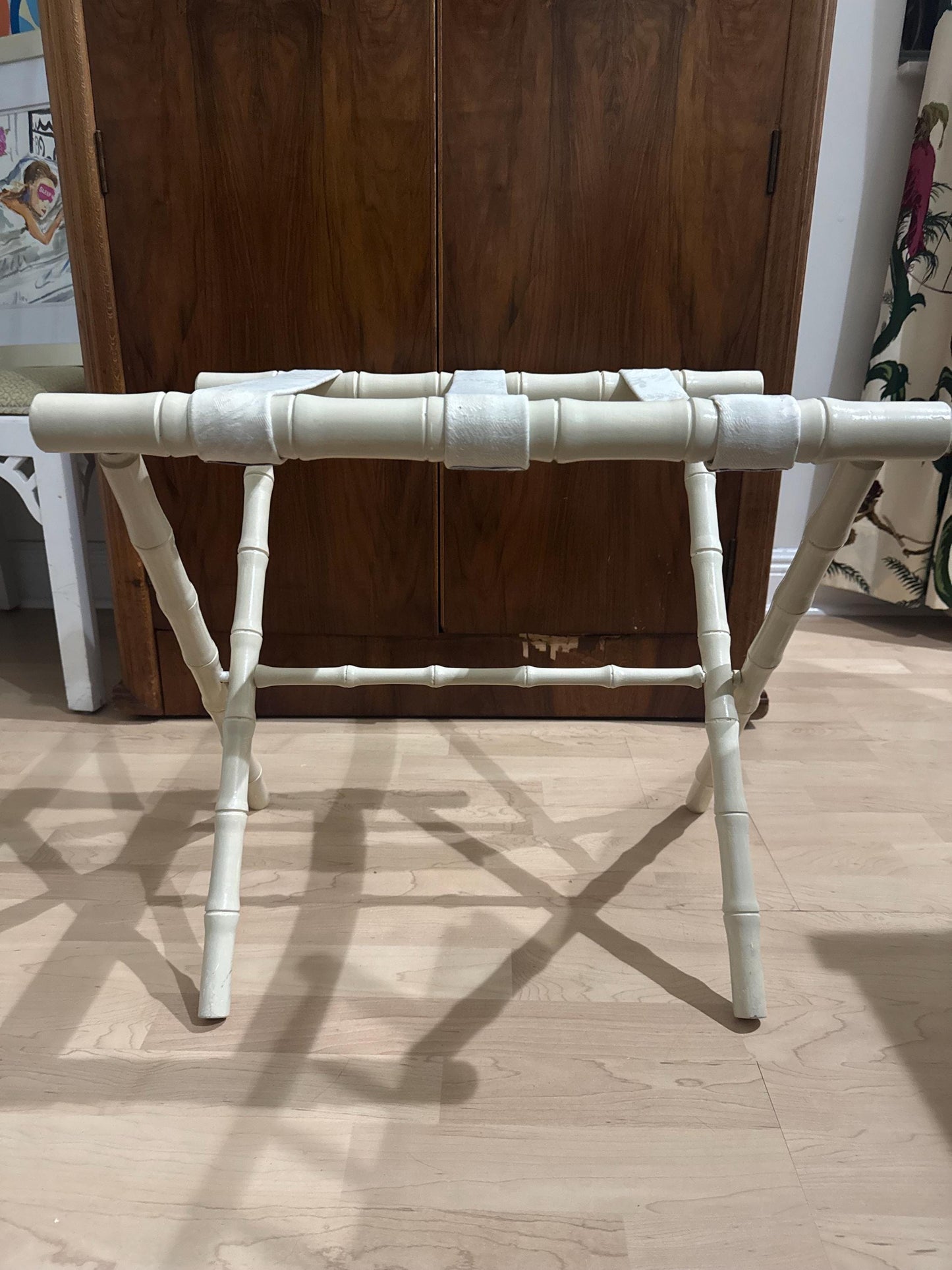 Faux Bamboo Luggage Rack Hollywood Regency Luggage Stand MCM Folding Accent piece Cream bamboo