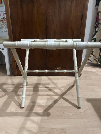 Faux Bamboo Luggage Rack Hollywood Regency Luggage Stand MCM Folding Accent piece Cream bamboo