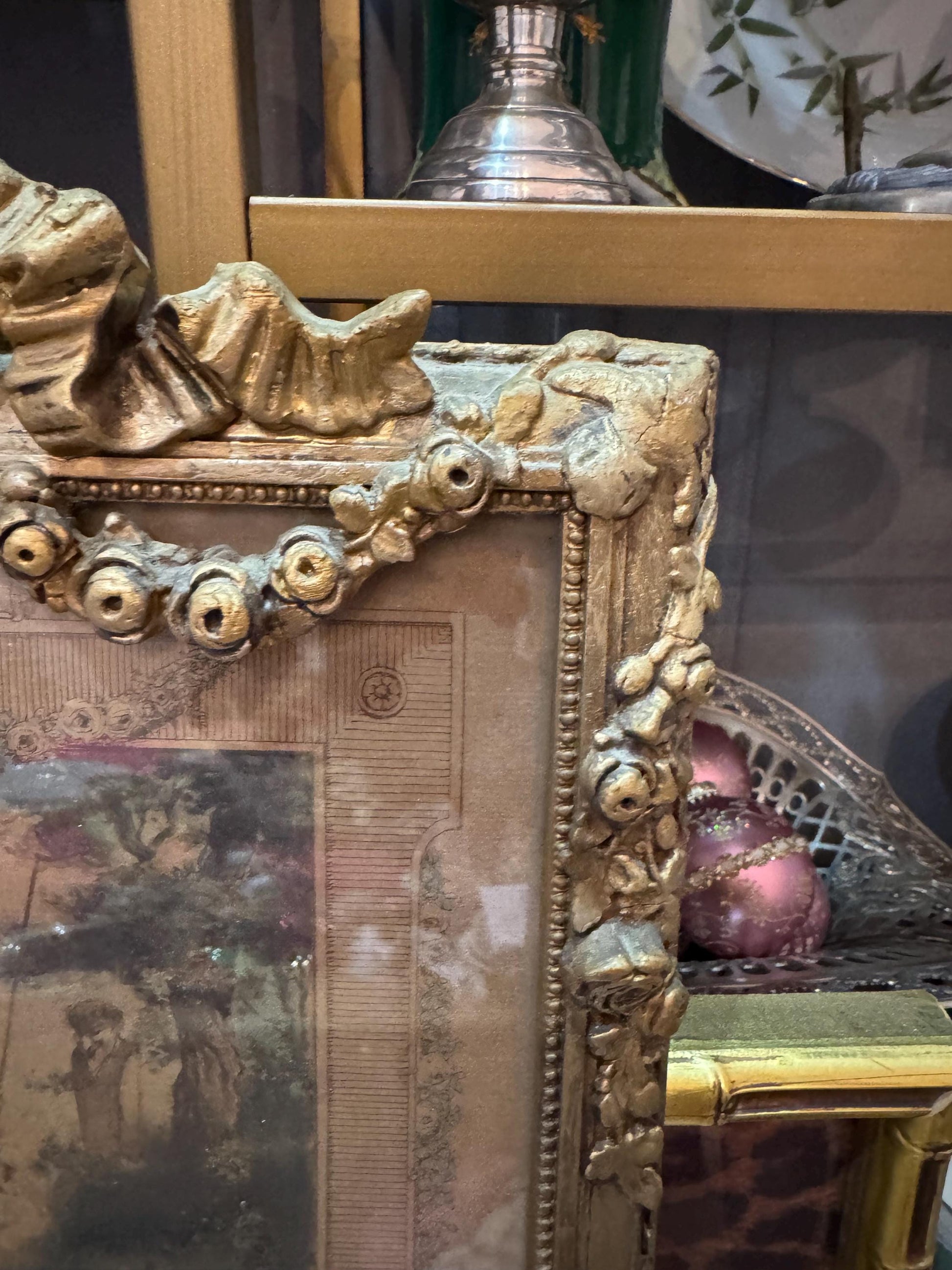 Antique French Trumeau Mirror with Romantic Engraving Gilt Bow Crest