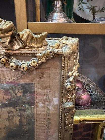 Antique French Trumeau Mirror with Romantic Engraving Gilt Bow Crest