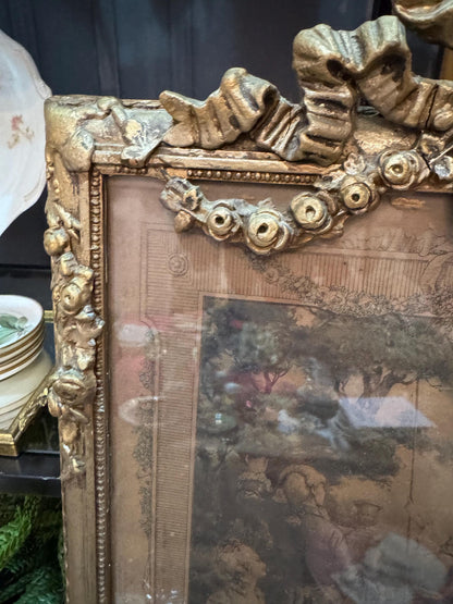 Antique French Trumeau Mirror with Romantic Engraving Gilt Bow Crest