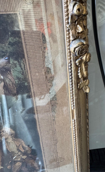 Antique French Trumeau Mirror with Romantic Engraving Gilt Bow Crest