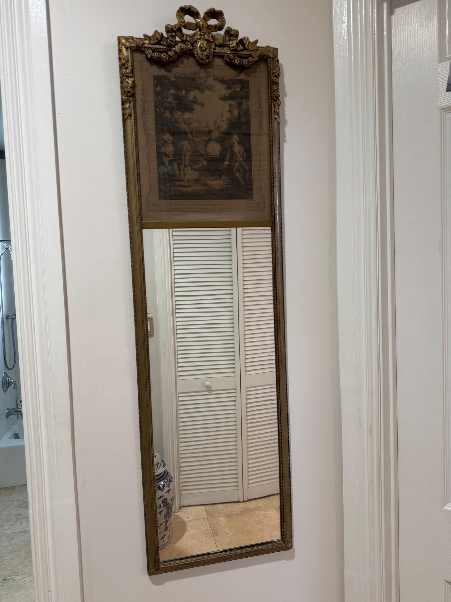 Antique French Trumeau Mirror with Romantic Engraving Gilt Bow Crest