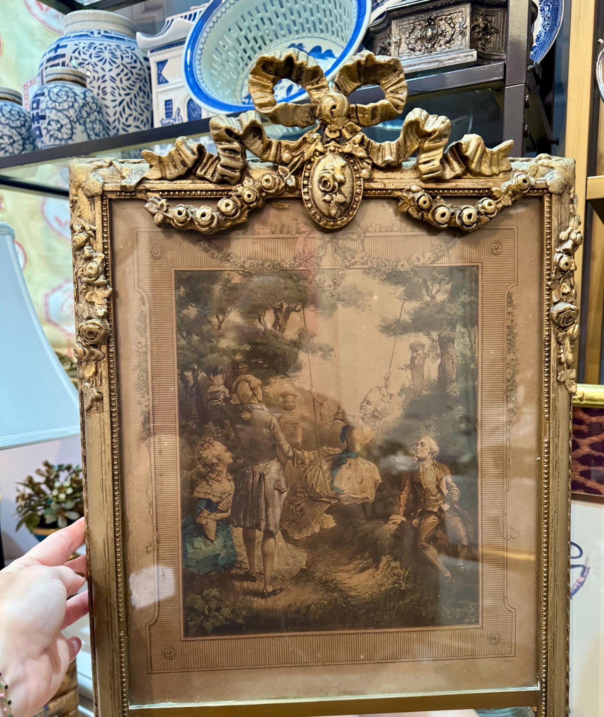 Antique French Trumeau Mirror with Romantic Engraving Gilt Bow Crest