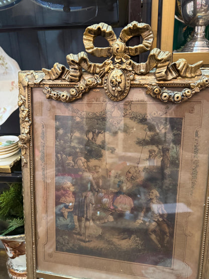 Antique French Trumeau Mirror with Romantic Engraving Gilt Bow Crest