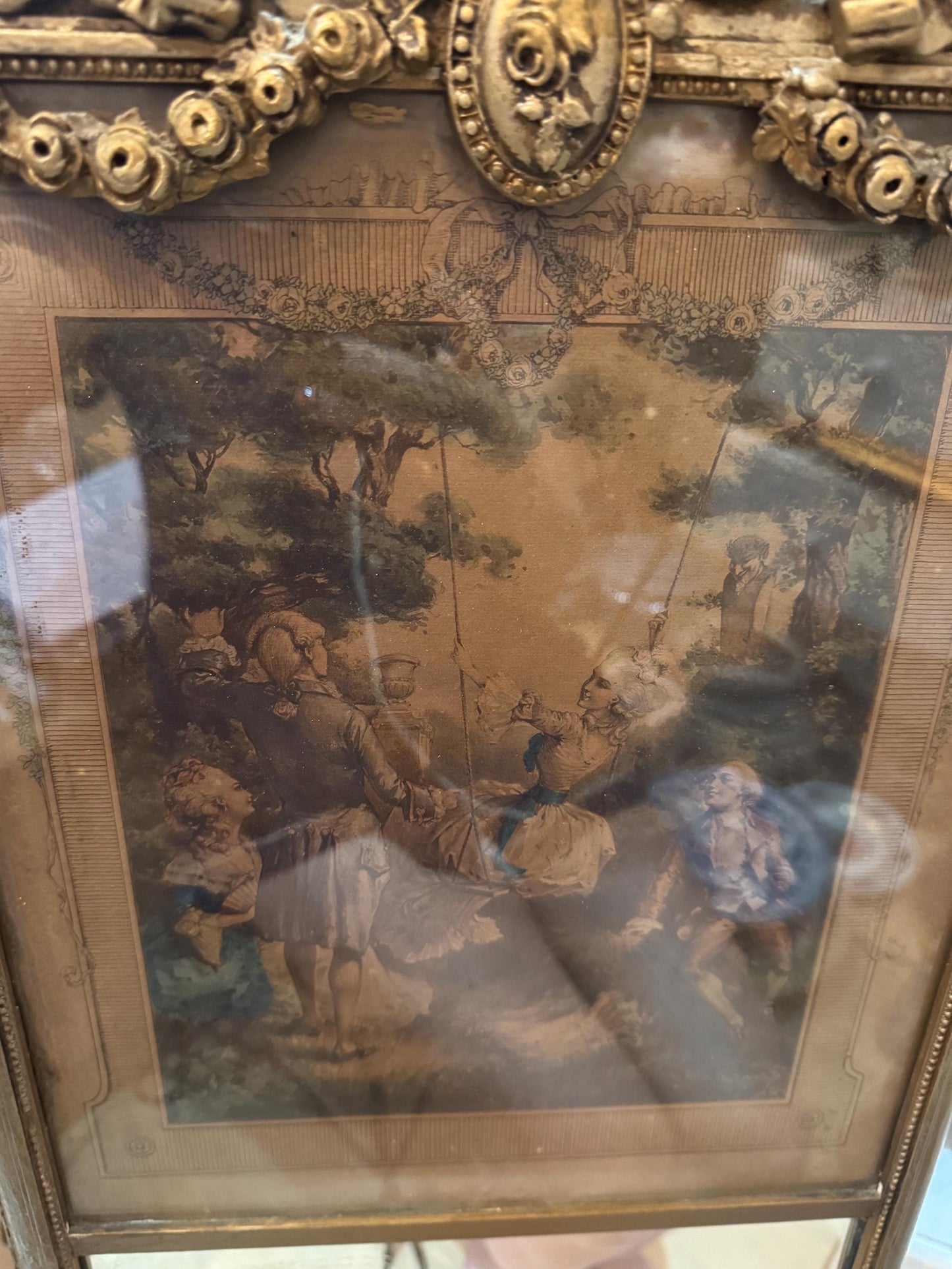 Antique French Trumeau Mirror with Romantic Engraving Gilt Bow Crest