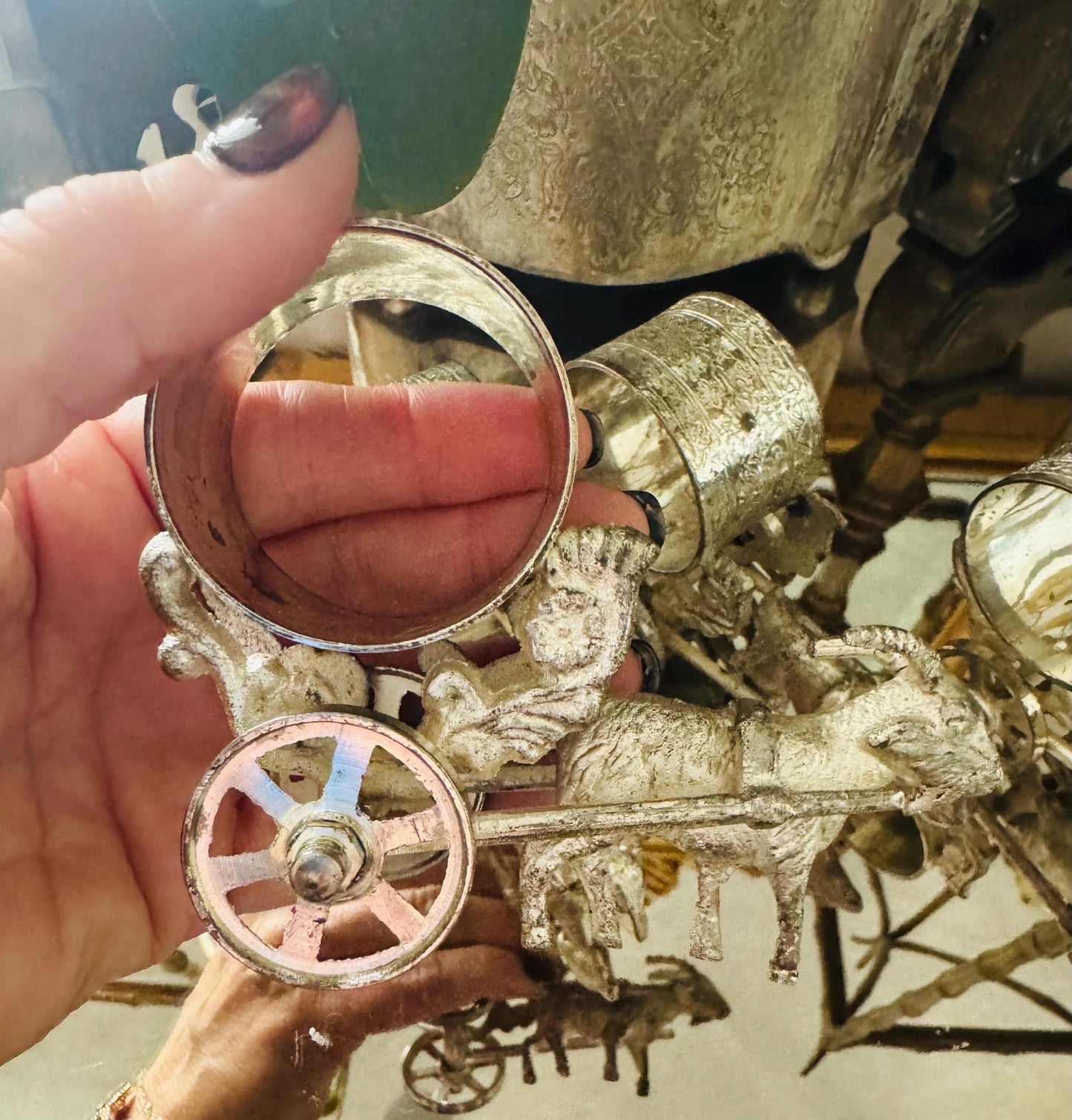 Antique Figural goats pulling carts set of 4 Victorian era silver plate