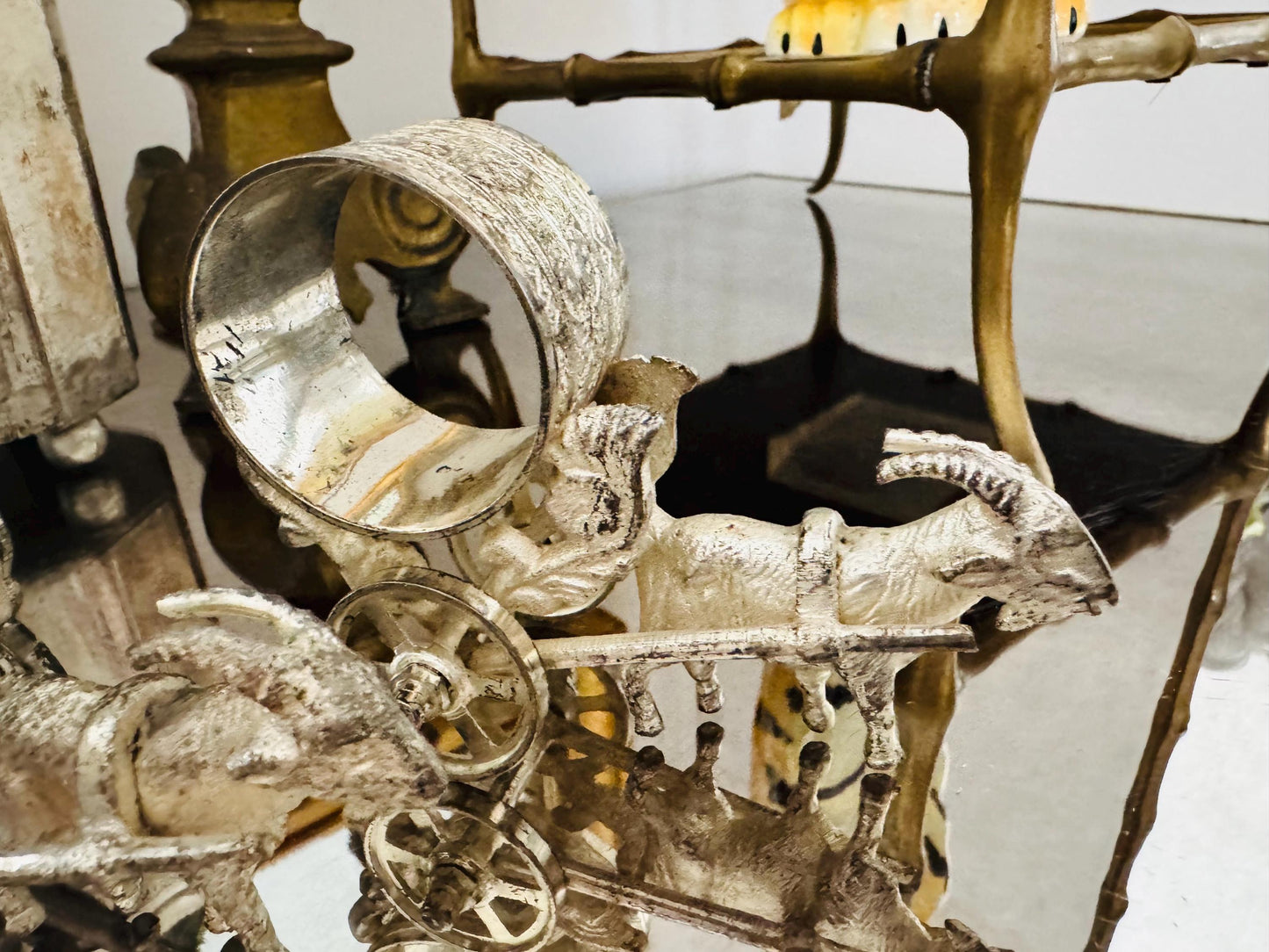 Antique Figural goats pulling carts set of 4 Victorian era silver plate