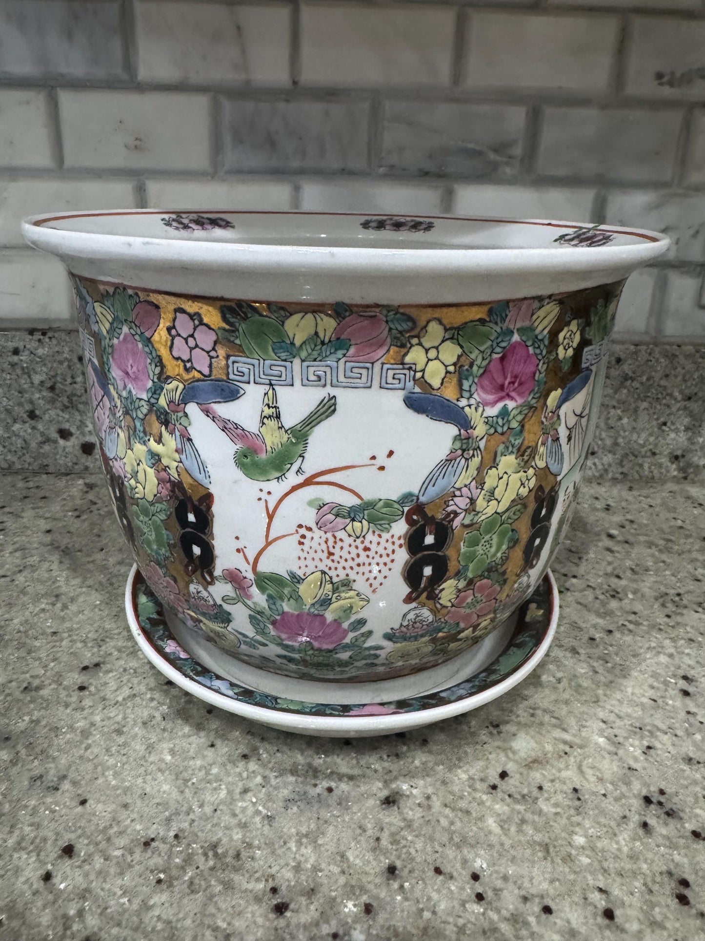 Rose Medallion Planter with drip plate 9 inch vintage planter rose famille