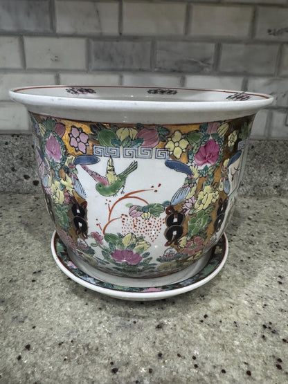 Rose Medallion Planter with drip plate 9 inch vintage planter rose famille