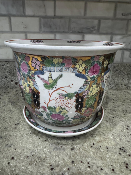 Rose Medallion Planter with drip plate 9 inch vintage planter rose famille