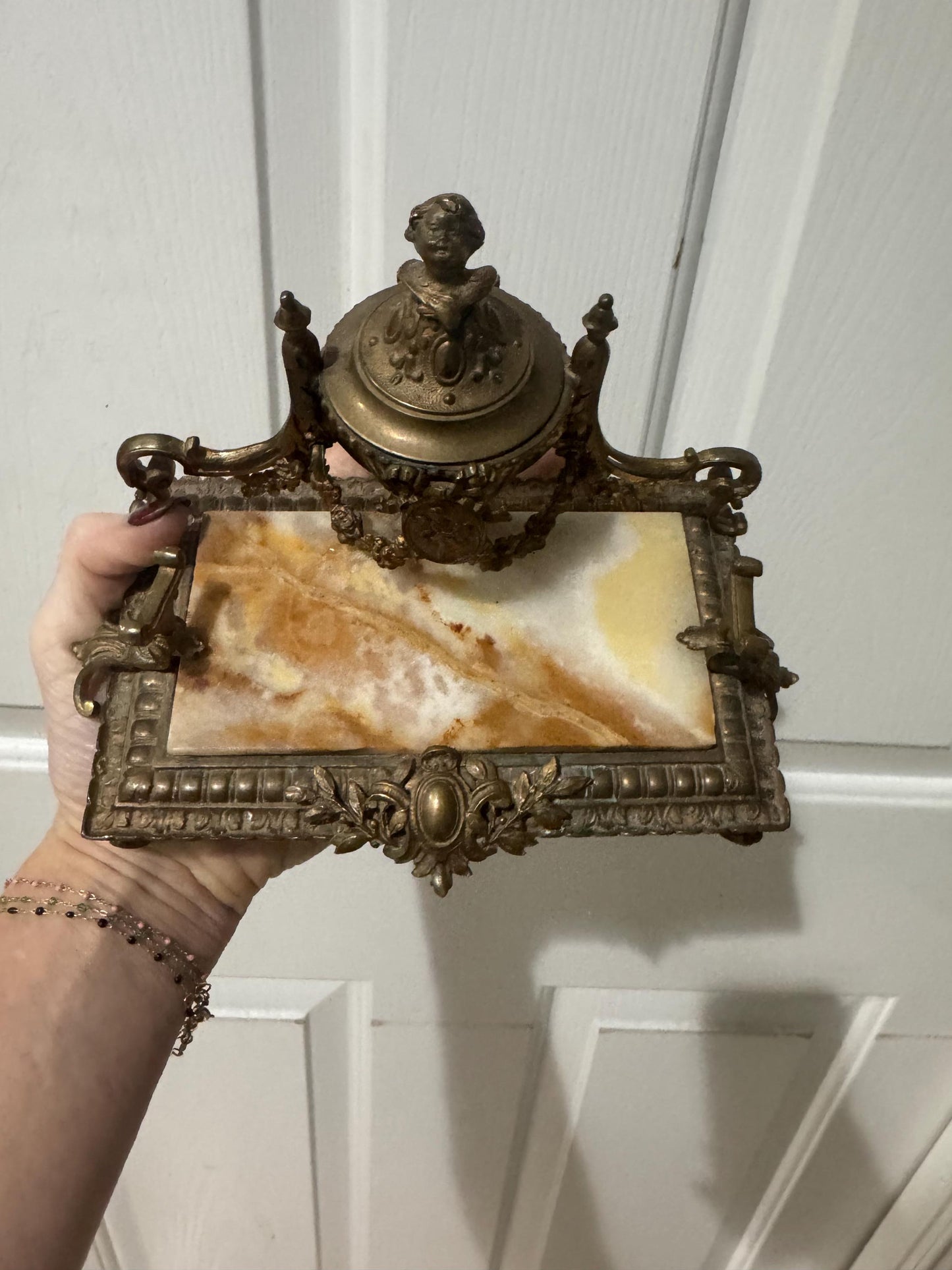 Antique French ink stand Ormolu and onyx Cherub letter holder blotter stand