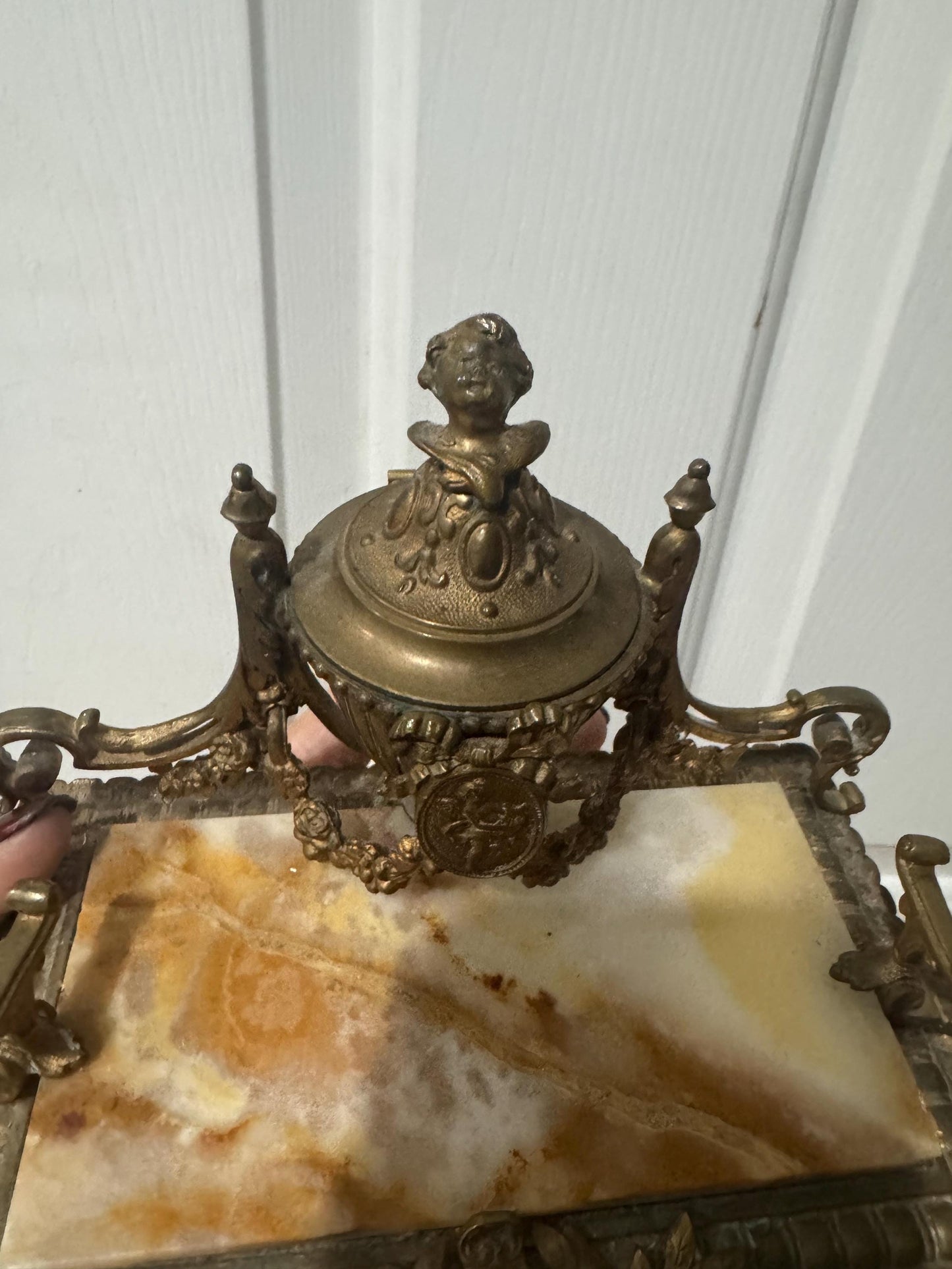 Antique French ink stand Ormolu and onyx Cherub letter holder blotter stand