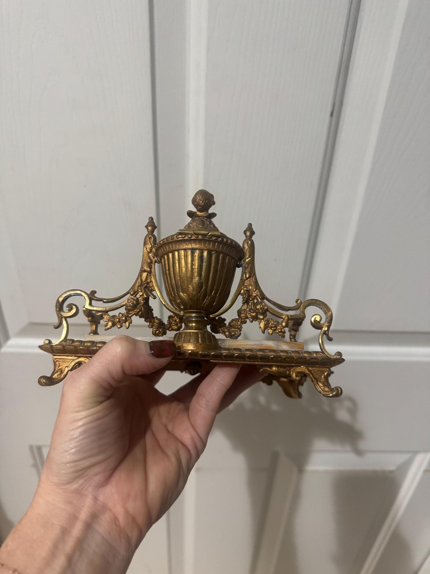 Antique French ink stand Ormolu and onyx Cherub letter holder blotter stand