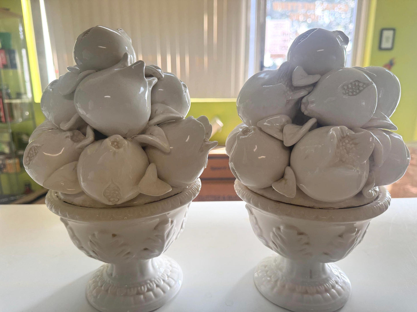 Pair of White Italian Topiary’s Fruit Topiary’s CBK 2001 White Pair of pedestal Fruit dishes