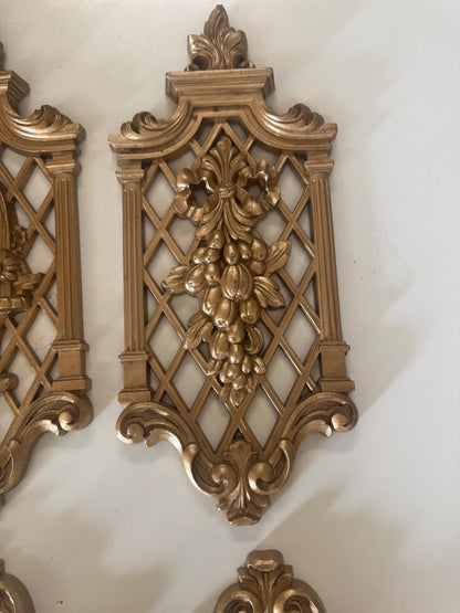 Set of 4 Syroco Gold Wall Plaques Floral and Fruit Motif Hollywood Regency