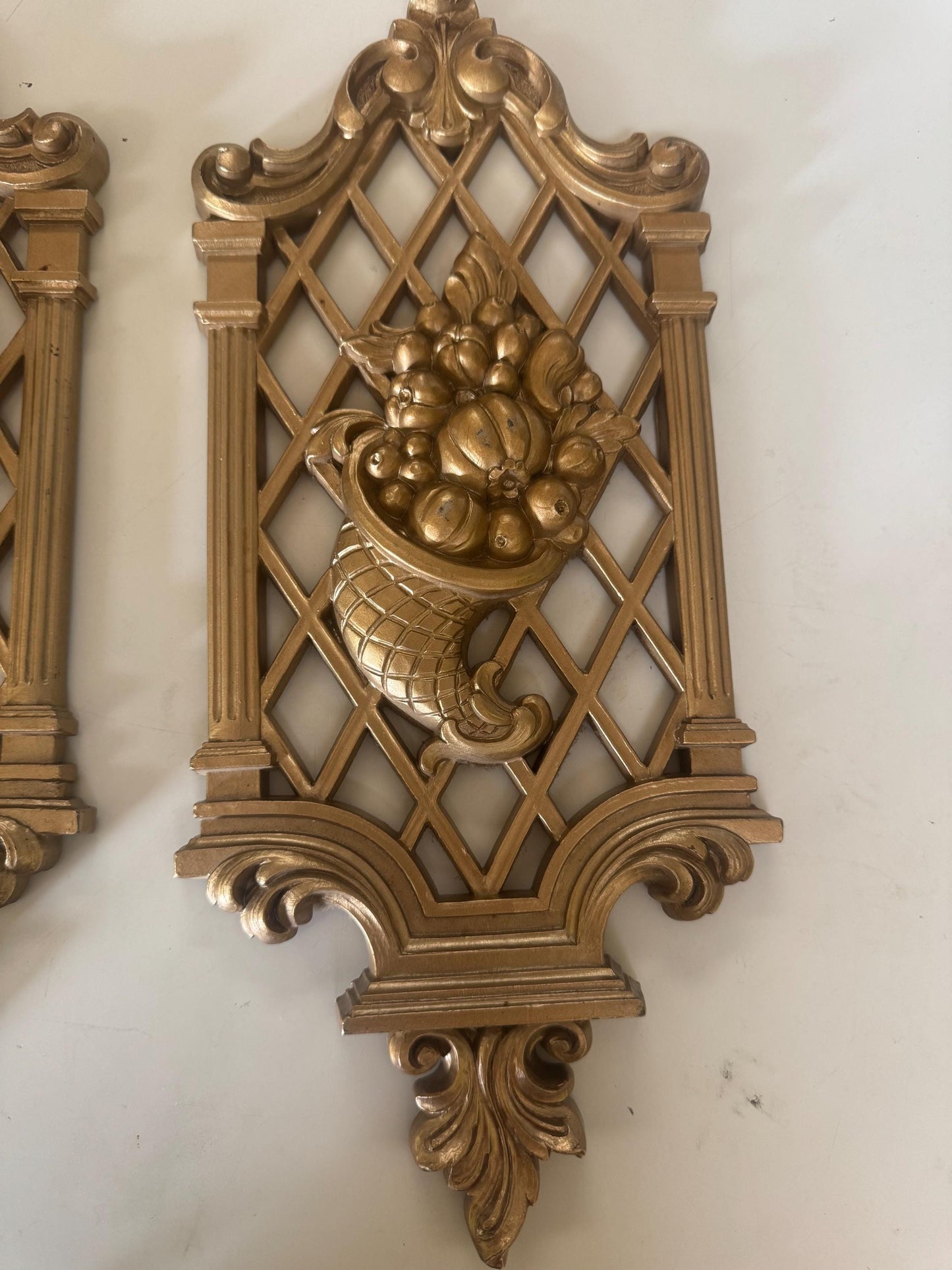Set of 4 Syroco Gold Wall Plaques Floral and Fruit Motif Hollywood Regency