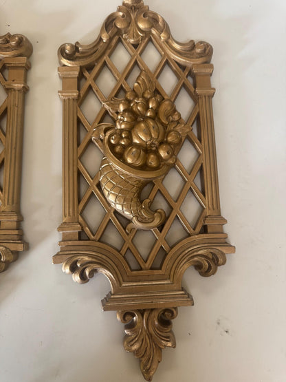 Set of 4 Syroco Gold Wall Plaques Floral and Fruit Motif Hollywood Regency