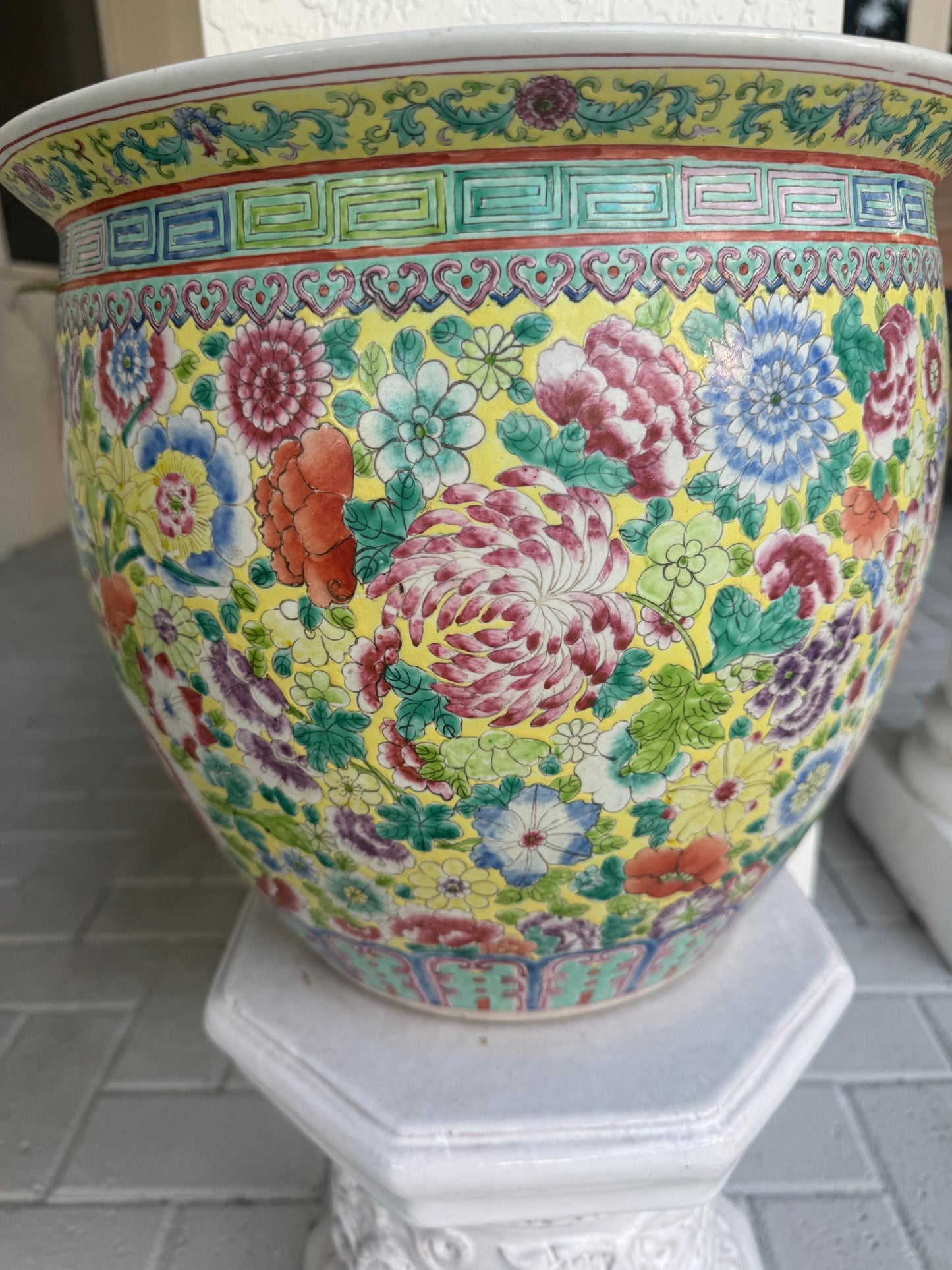 Famille Rose Yellow Floral Asian Planter Greek Key detail Palm Beach Style Fish Pot planter