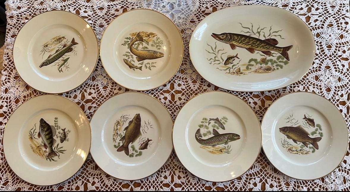 Vintage Johann Seltmann Fish plate set Platter Dinner Plates German Fine Porcelain Vintage Fish plates Plate Wall Coastal Decor