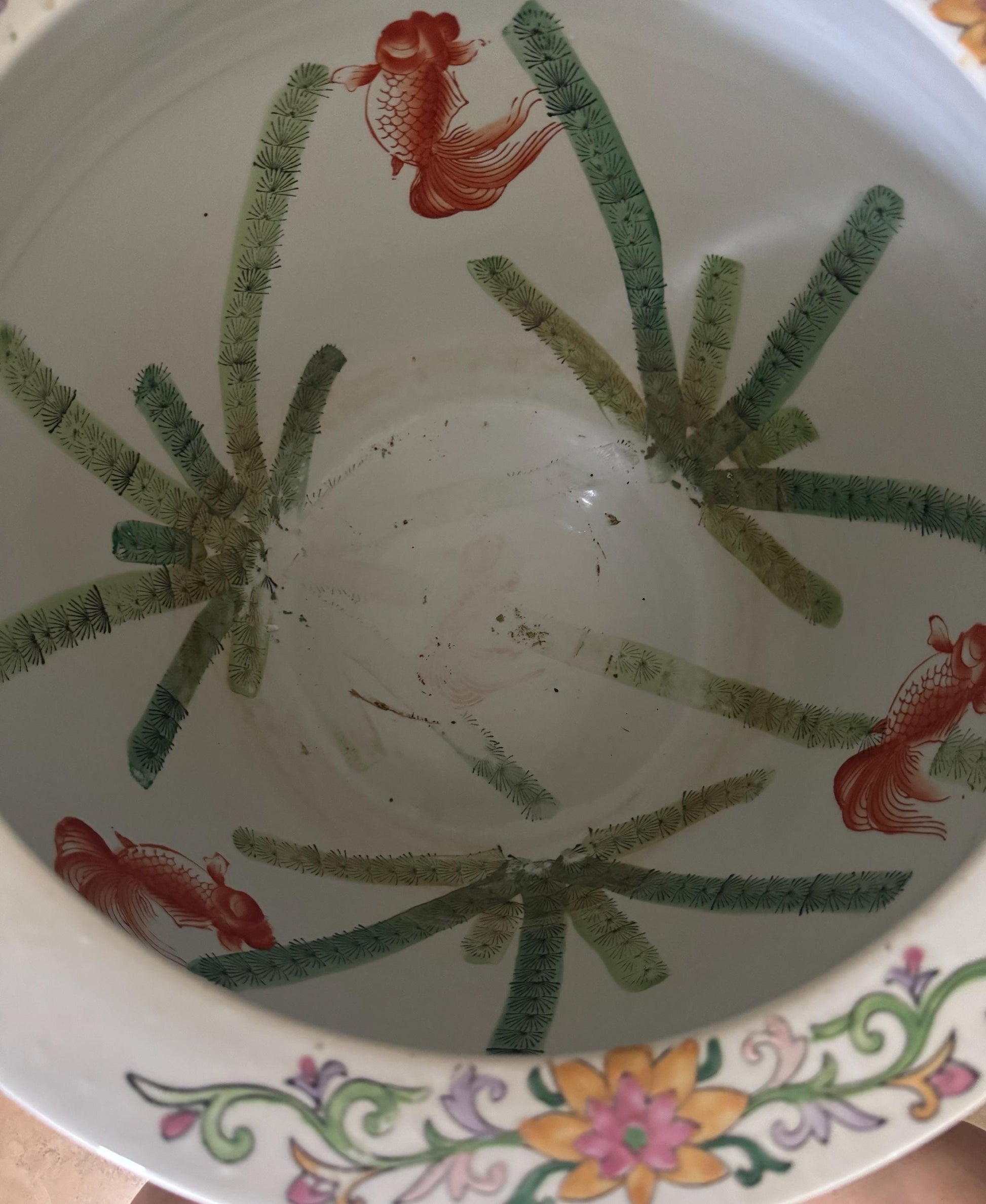 antique Rose Medallion Fish Pot With stand Gorgeous colors Rose famille jardinare