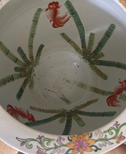 antique Rose Medallion Fish Pot With stand Gorgeous colors Rose famille jardinare