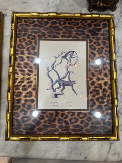 Framed Monkey Prints Vinatge Animal prints witj gold bamboo frames and leopard mats set of 2 monkey prints