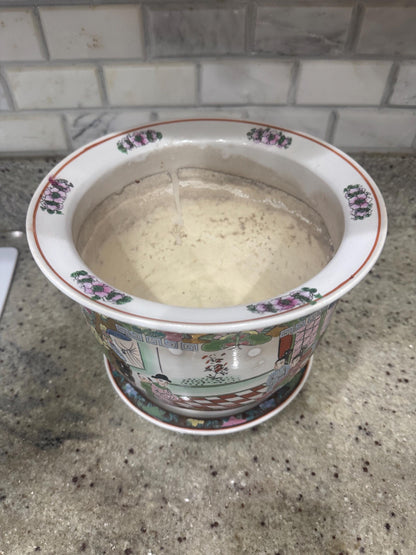 Rose Medallion Planter with drip plate 9 inch vintage planter rose famille