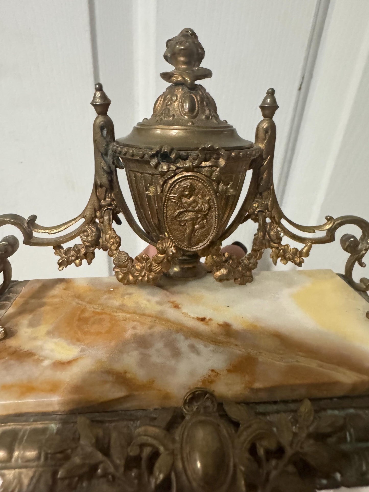 Antique French ink stand Ormolu and onyx Cherub letter holder blotter stand