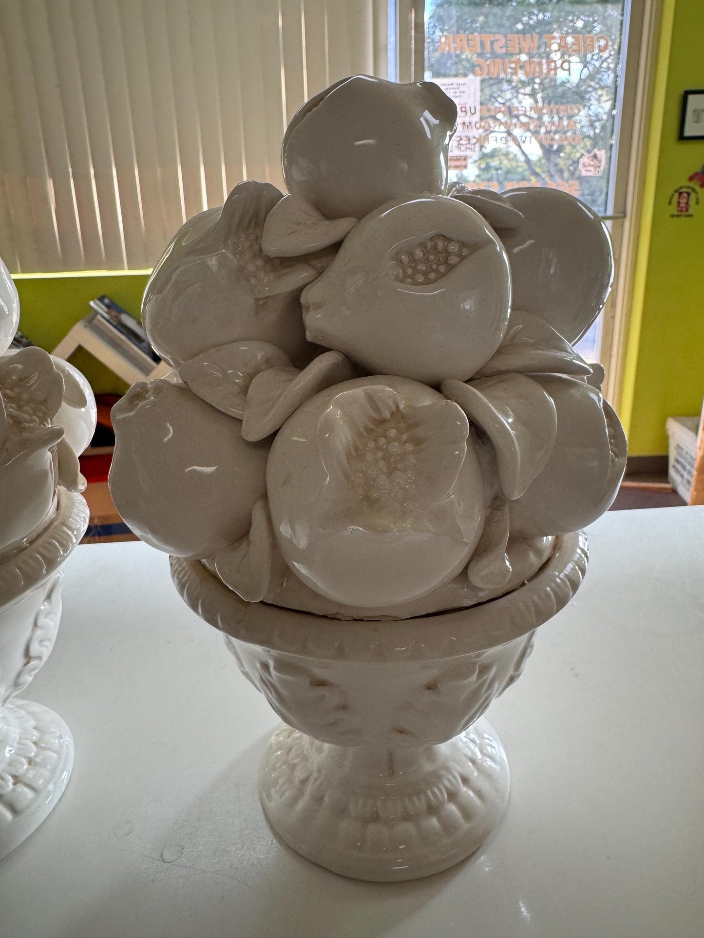 Pair of White Italian Topiary’s Fruit Topiary’s CBK 2001 White Pair of pedestal Fruit dishes