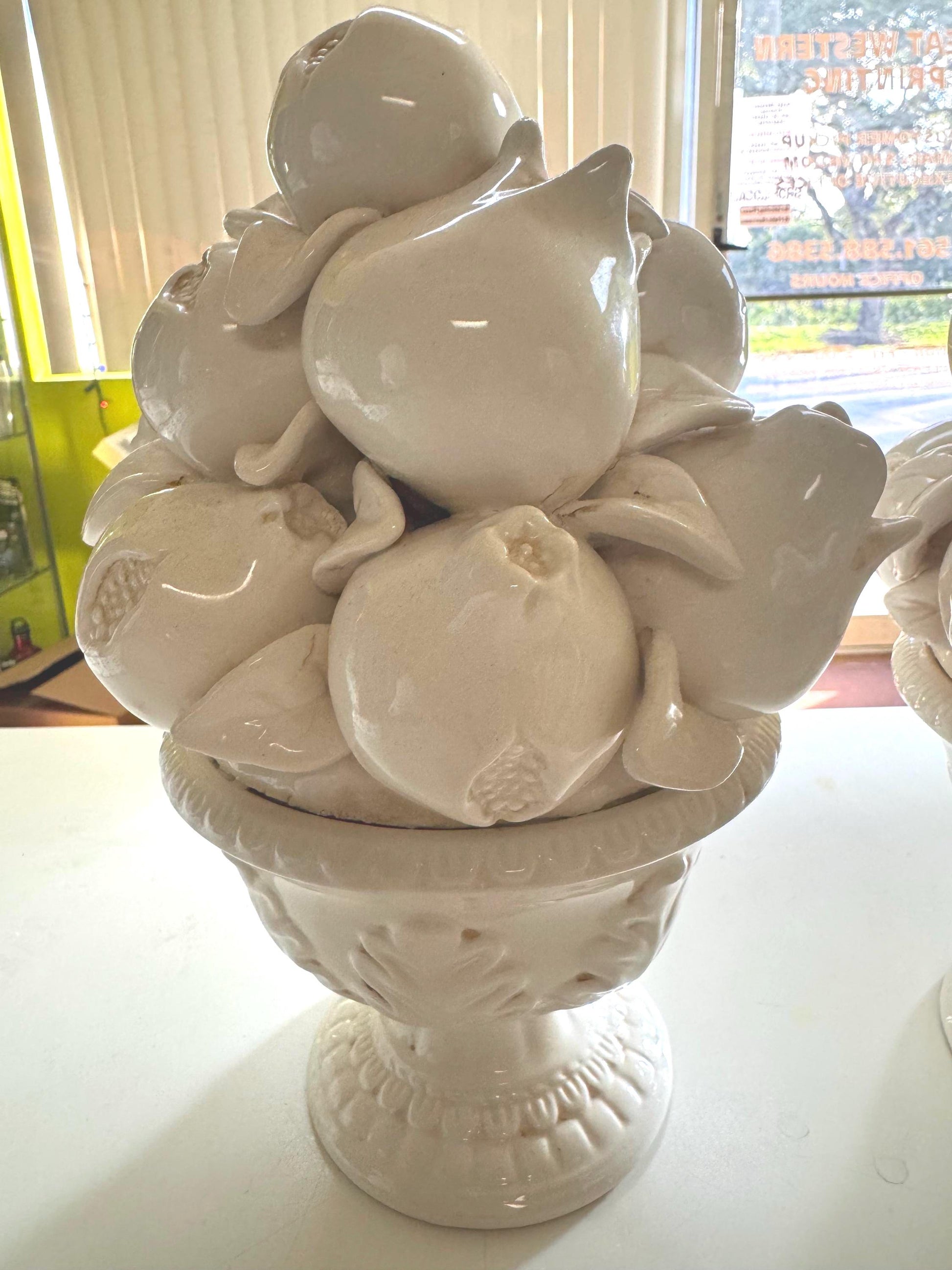 Pair of White Italian Topiary’s Fruit Topiary’s CBK 2001 White Pair of pedestal Fruit dishes