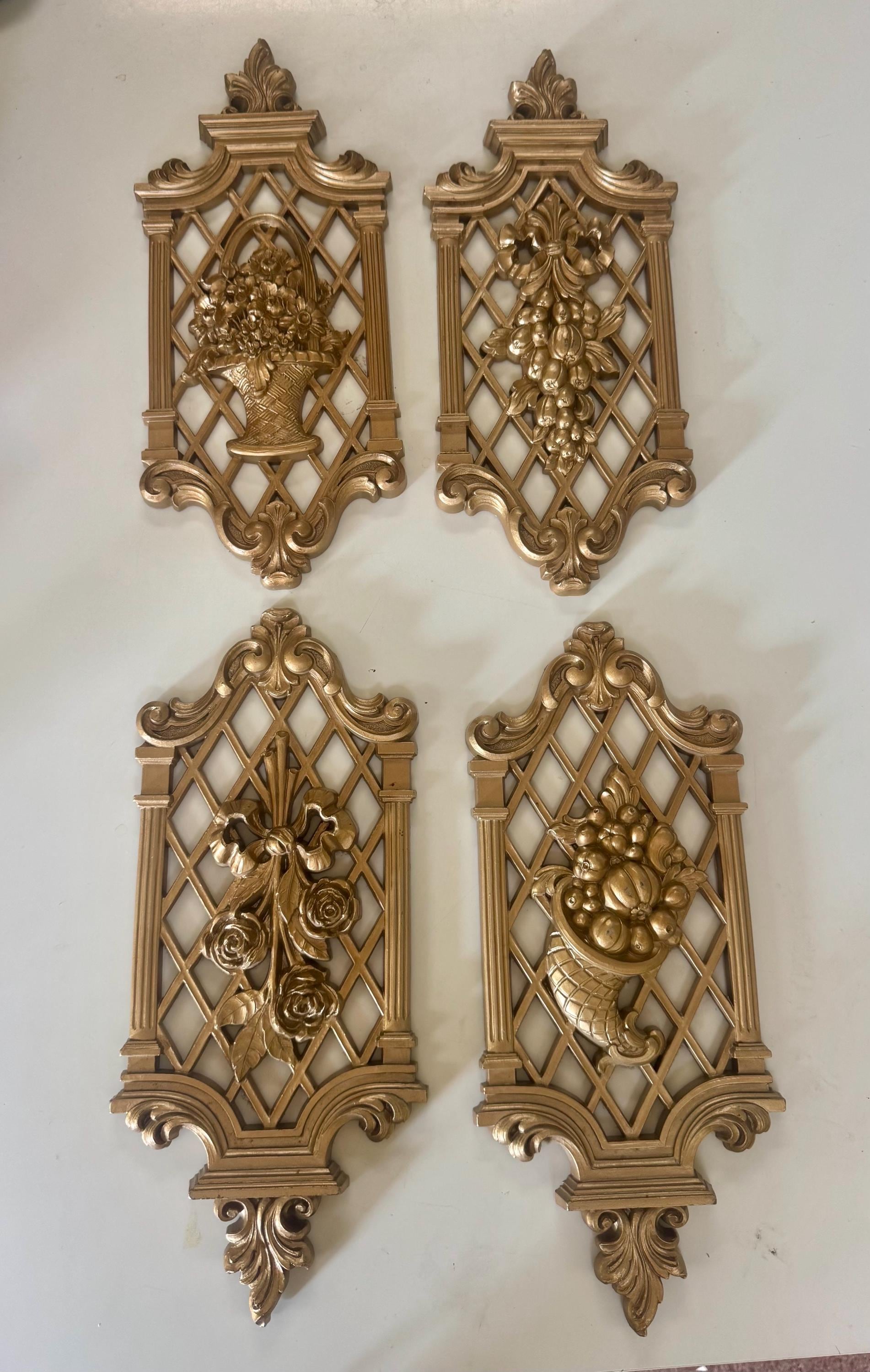 Set of 4 Syroco Gold Wall Plaques Floral and Fruit Motif Hollywood Regency