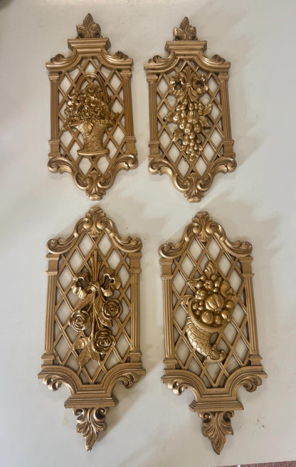 Set of 4 Syroco Gold Wall Plaques Floral and Fruit Motif Hollywood Regency