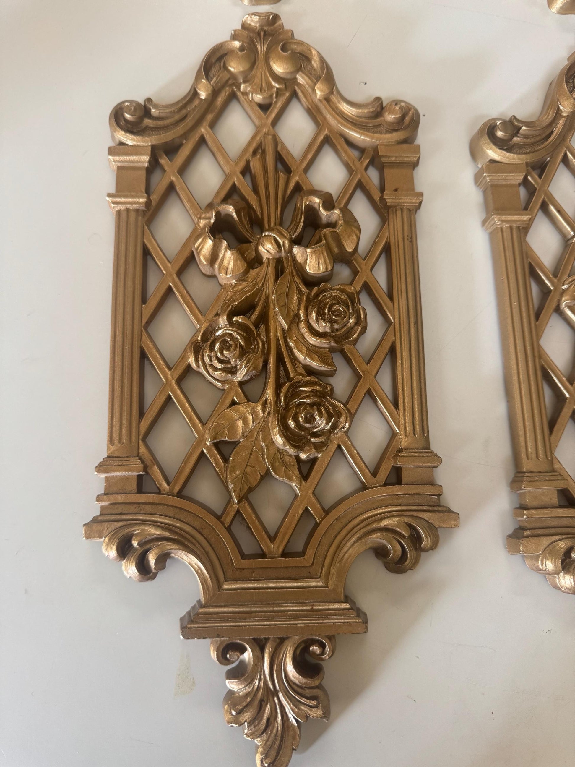 Set of 4 Syroco Gold Wall Plaques Floral and Fruit Motif Hollywood Regency