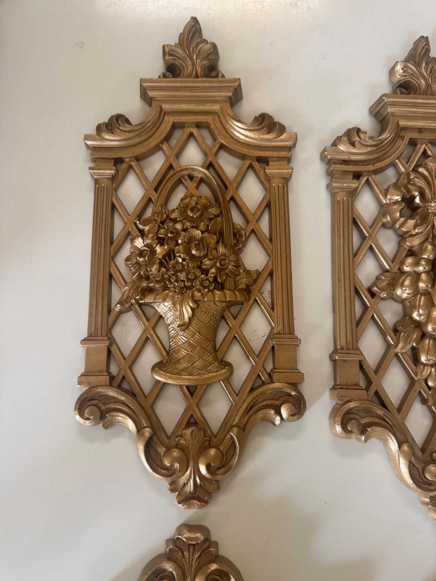 Set of 4 Syroco Gold Wall Plaques Floral and Fruit Motif Hollywood Regency