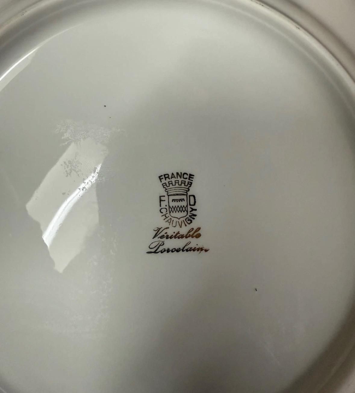 French Fish plates platter, gold edges F.D. Chauvigny Set of 12 antique fish plate set