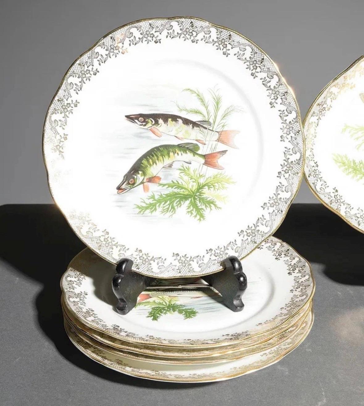 French Fish plates platter, gold edges F.D. Chauvigny Set of 12 antique fish plate set
