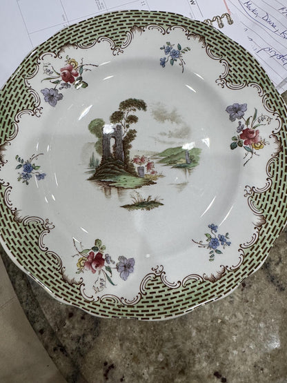 Copeland Spode Antique Plate c 1835 green lattice border Hand Painted Regency Landscape Antique Spode