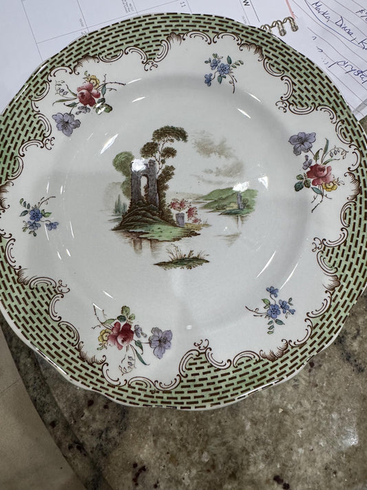 Copeland Spode Antique Plate c 1835 green lattice border Hand Painted Regency Landscape Antique Spode