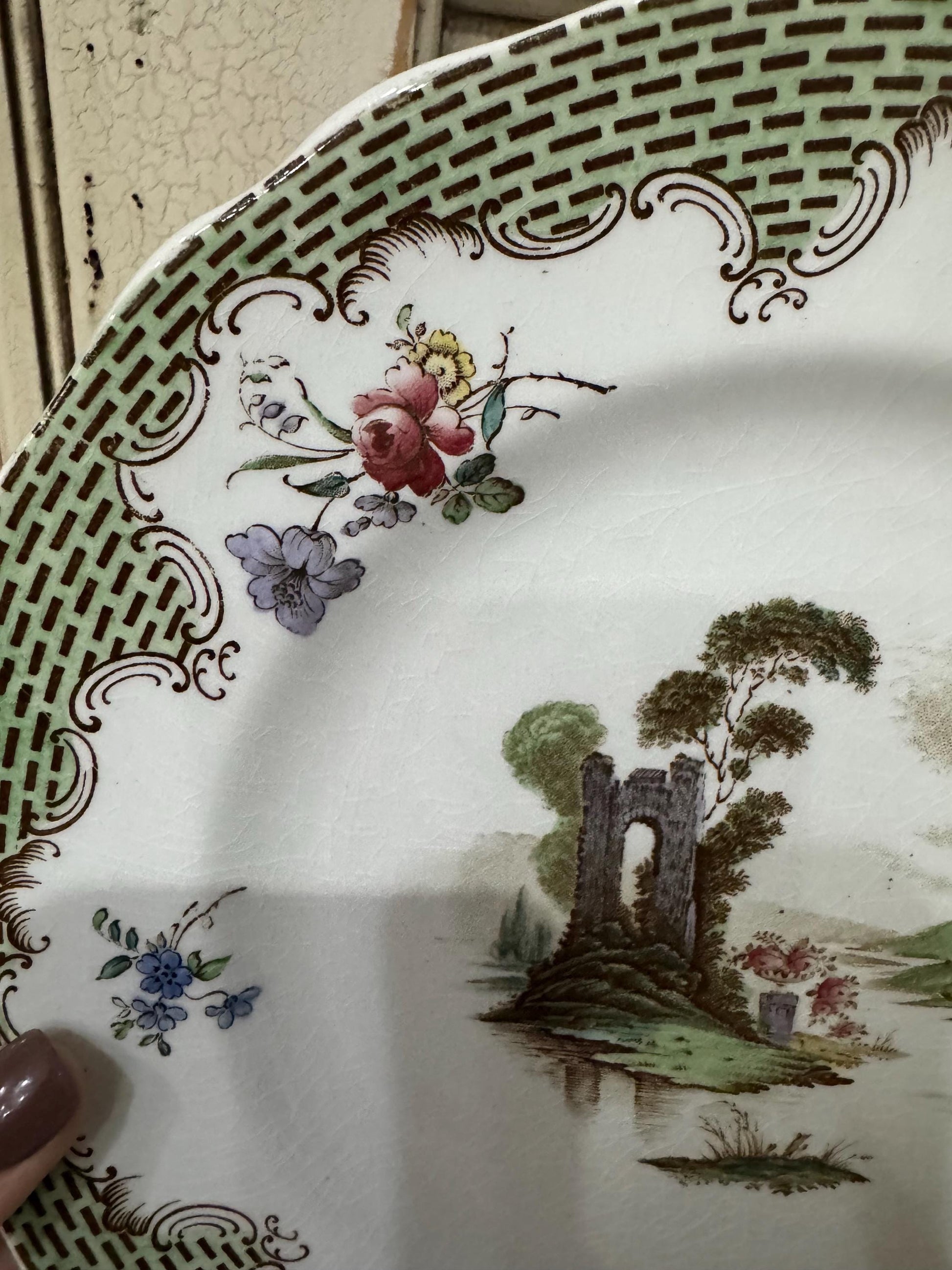 Copeland Spode Antique Plate c 1835 green lattice border Hand Painted Regency Landscape Antique Spode