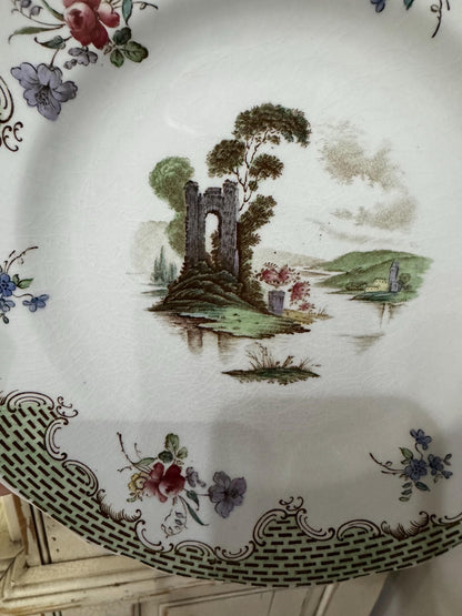 Copeland Spode Antique Plate c 1835 green lattice border Hand Painted Regency Landscape Antique Spode
