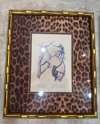Framed Monkey Prints Vinatge Animal prints witj gold bamboo frames and leopard mats set of 2 monkey prints