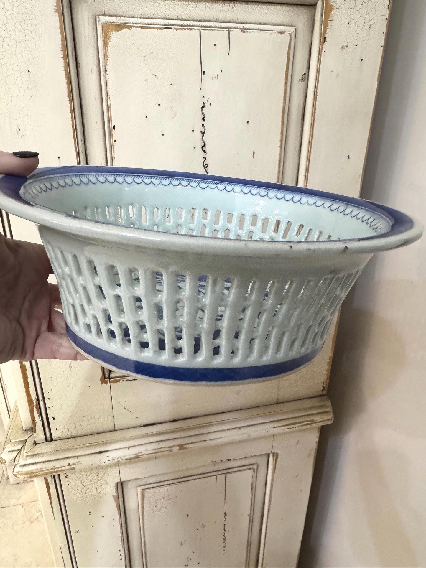 Antique Blue Willow Chestnut Bowl reticulated Blue Willow bowl