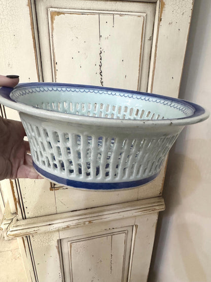 Antique Blue Willow Chestnut Bowl reticulated Blue Willow bowl