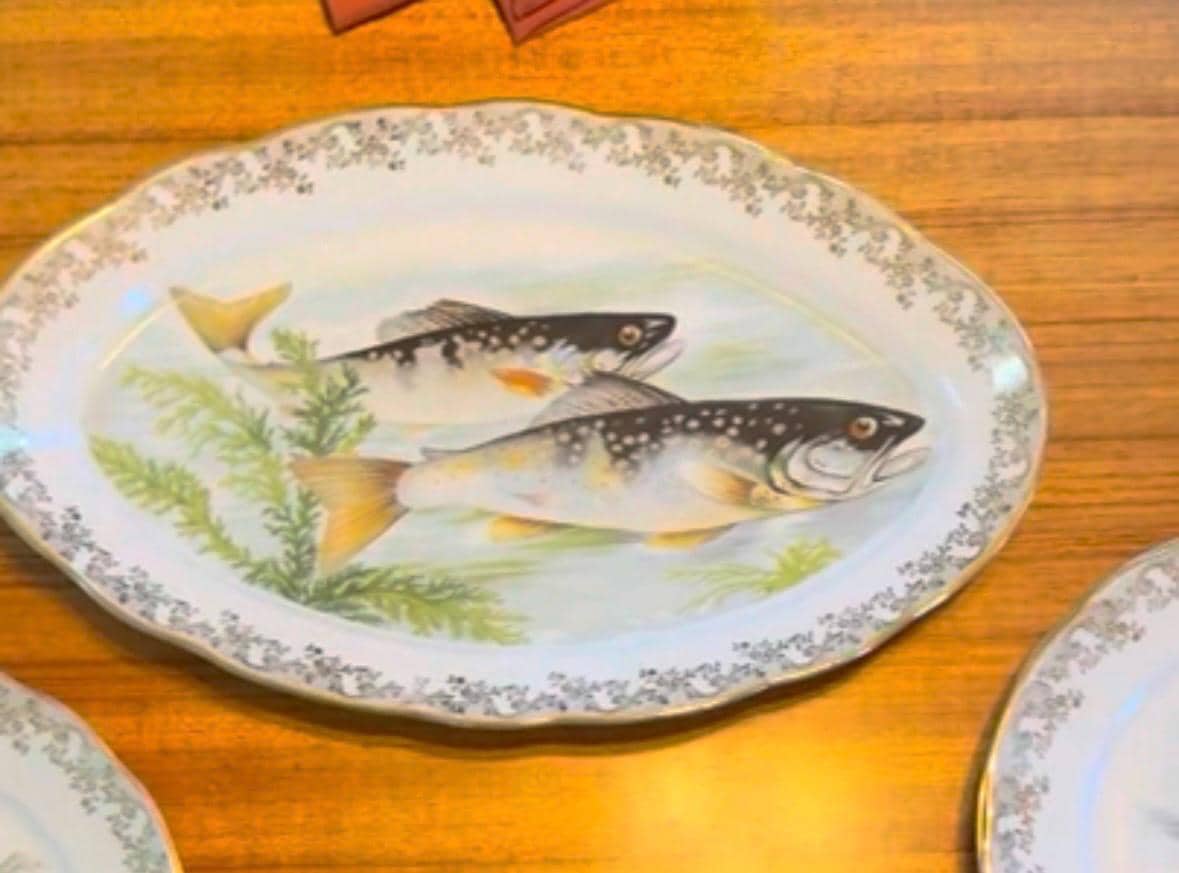 French Fish plates platter, gold edges F.D. Chauvigny Set of 12 antique fish plate set